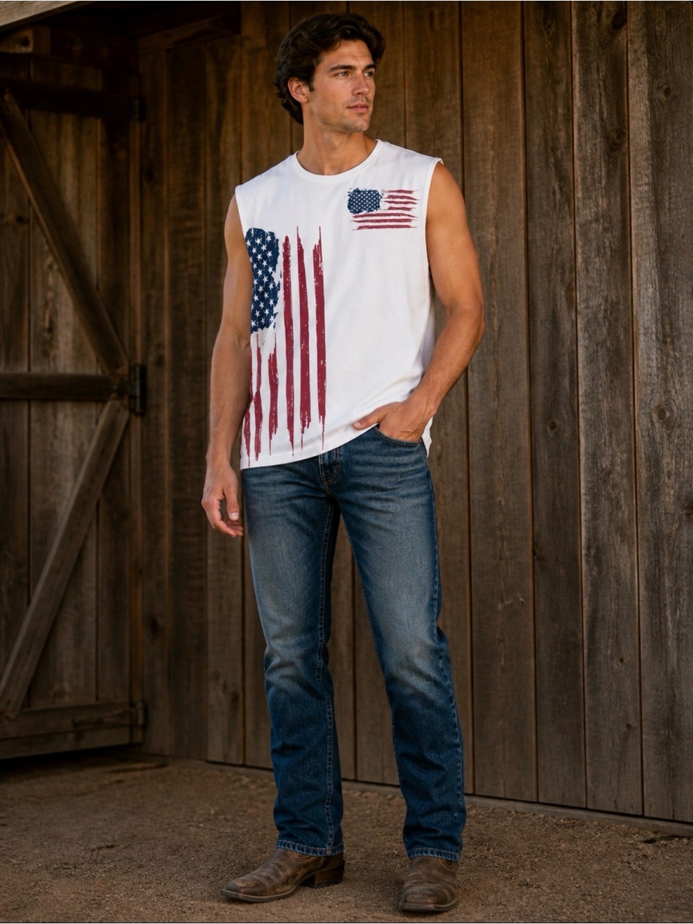 Men's White Sleeveless Tank with Distressed Flag Graphic Size XXL